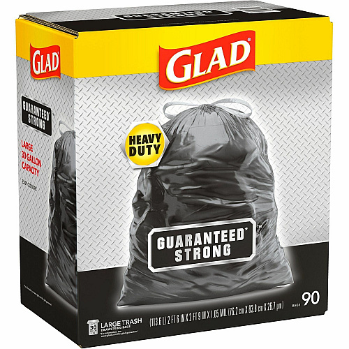 Glad Large Drawstring Trash Bags Large Size - 30 gal Capacity - 32.99" Length x 30" Width x 1.05 mil (27 Micron) Thickness - Drawstring Closure - Black - Plastic - Garbage, Indoor, Outdoor - 90/Box - 68 / Pallet (78952PL)