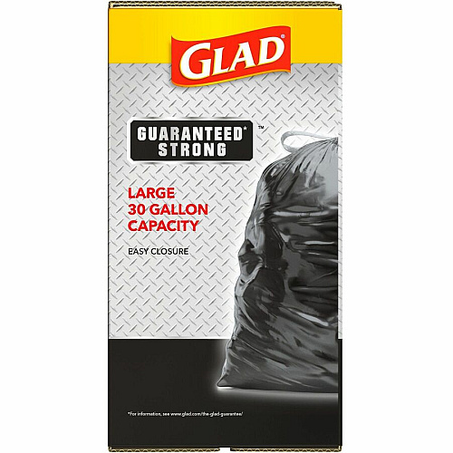 Glad Large Drawstring Trash Bags Large Size - 30 gal Capacity - 32.99" Length x 30" Width x 1.05 mil (27 Micron) Thickness - Drawstring Closure - Black - Plastic - Garbage, Indoor, Outdoor - 90/Box - 68 / Pallet (78952PL)