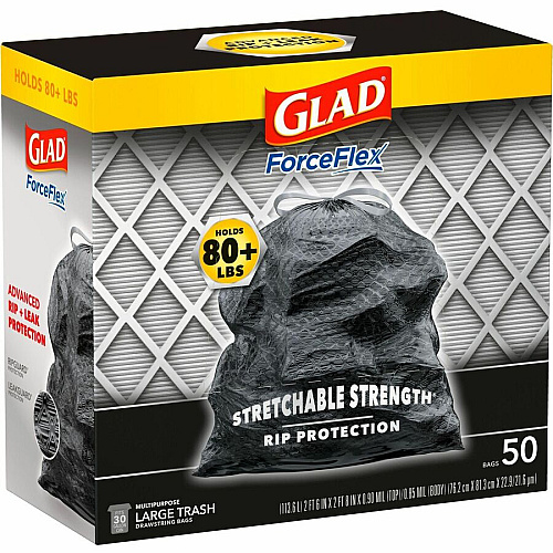 Glad ForceFlexPlus Drawstring Large Trash Bags Large Size - 30 gal Capacity - 32.01" Length x 30" Width x 0.90 mil (23 Micron) Thickness - Drawstring Closure - Black - Garbage, Indoor, Outdoor, Home, Office, Restaurant, Commercial - 50/Box - 78  (78997BD)