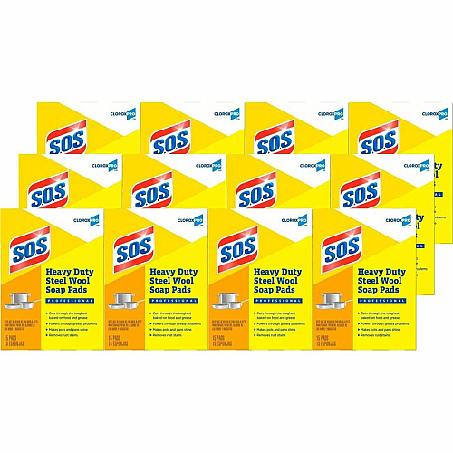 S.O.S. CloroxPro&trade; S.O.S&reg; Steel Wool Soap Pads 4" Length x 5" Width - Heavy Duty - Gray, Blue - 15/Box - 480 / Pallet (88320PL)