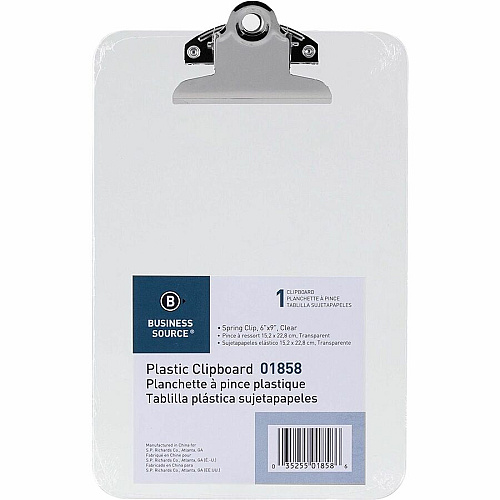 Business Source Plastic Clipboard 6" x 9" Sheet Size - Spring Clip - Plastic - Clear - 1 Each (BSN01858)