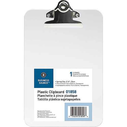 Business Source Plastic Clipboard 6" x 9" Sheet Size - Spring Clip - Plastic - Clear - 12 / Box (BSN01858BX)