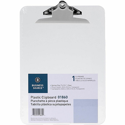 Business Source Spring Clip Plastic Clipboard 8 1/2" x 11" Sheet Size - Spring Clip - Plastic - Clear - 12 / Box (BSN01860BX)