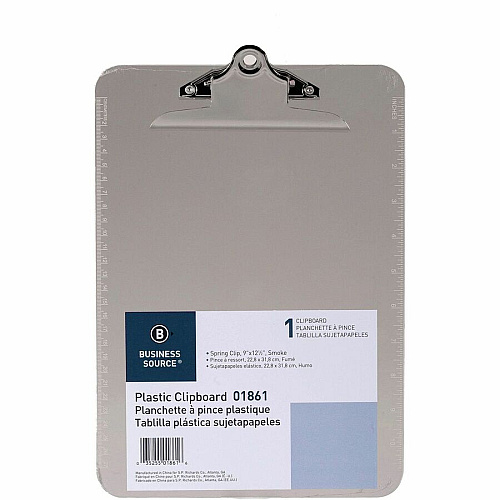 Business Source Spring Clip Plastic Clipboard 8 1/2" x 11" Sheet Size - Spring Clip - Plastic - Smoke - 1 Each (BSN01861)