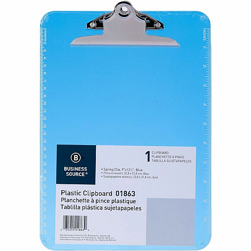 Business Source Spring Clip Plastic Clipboard 8 1/2" x 11" Sheet Size - Spring Clip - Plastic - Blue - 12 / Box (BSN01863BX)