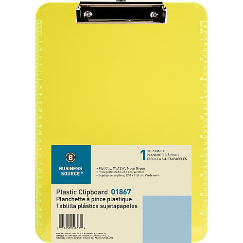 Business Source Flat Clip Clipboard 9" x 12" Sheet Size - Plastic - Neon Green - 6 / Bundle (BSN01867BD)