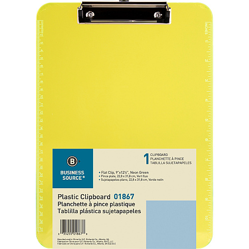 Business Source Flat Clip Clipboard 9" x 12" Sheet Size - Plastic - Neon Green - 6 / Bundle (BSN01867BD)