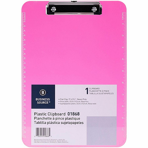 Business Source Flat Clip Clipboard 9" x 12" Sheet Size - Plastic - Neon Pink - 6 / Bundle (BSN01868BD)