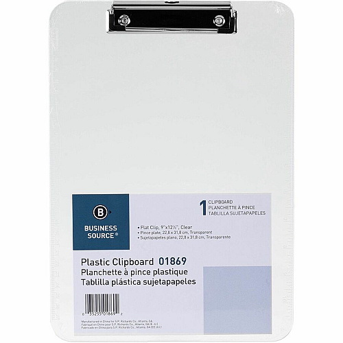 Business Source Flat Clip Clipboard 9" x 12" Sheet Size - Plastic - Clear - 6 / Bundle (BSN01869BD)