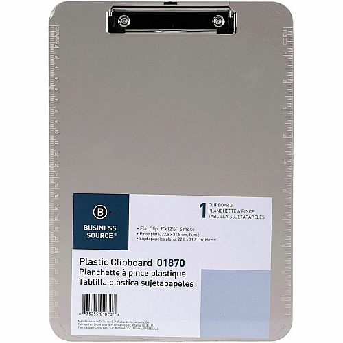 Business Source Flat Clip Plastic Clipboard 9" x 12" Sheet Size - Plastic - Smoke - 6 / Bundle (BSN01870BD)