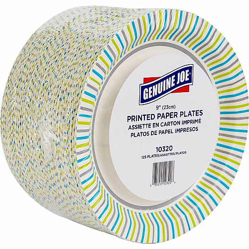 Genuine Joe 9" Printed Paper Plates Disposable - 9" Diameter - Assorted - 125/Pack - 4 / Carton (GJO10320CT)