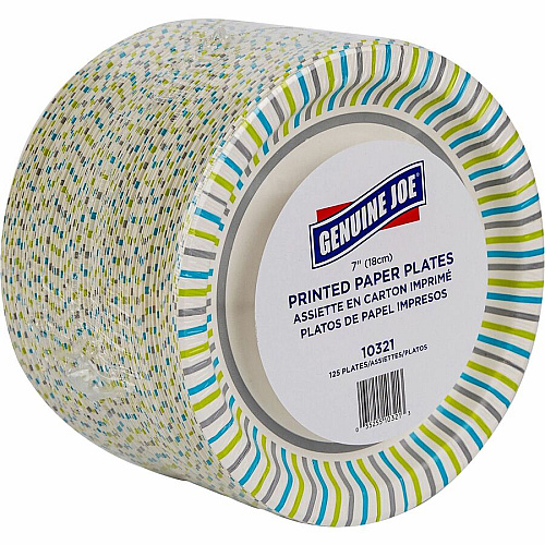 Genuine Joe 7" Printed Paper Plates Disposable - 7" Diameter - Assorted - 125/Pack - 4 / Carton (GJO10321CT)