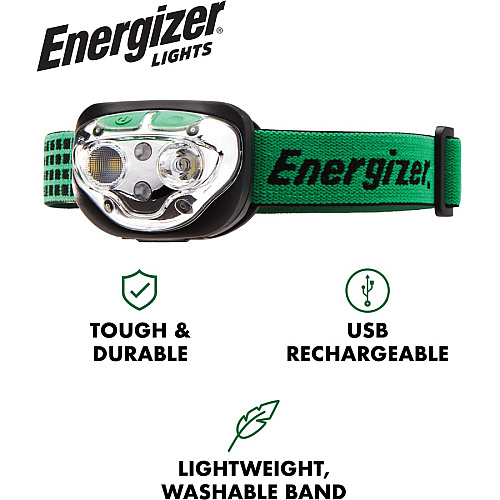 Energizer Vision Ultra HD Rechargeable Headlamp (Includes USB Charging Cable) LED - 400 lm Lumen - Battery Rechargeable - Battery, USB - Water Resistant, Drop Resistant - Green - 1 Each (ENHDFRLP)
