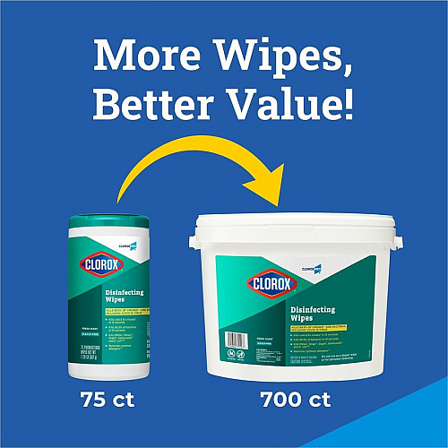 CloroxPro&trade; Disinfecting Wipes For Multipurpose - Fresh Scent - 7" Length x 7" Width - Bleach-free, Pre-moistened, Antibacterial - White - 700/Bag - 1 Each (31428)