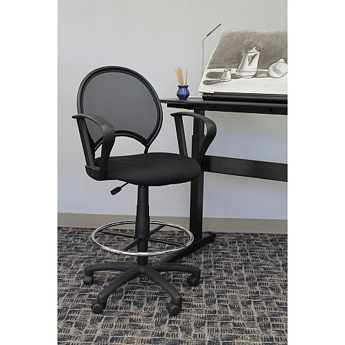 Boss Mesh Drafting Stool W/ Loop Arms Black Seat Color - Mesh Fabric Seat Material - Black Back Color - Mesh, Metal, Ballistic Nylon Back Material - 5-star Base - Armrest - 1 Each (B16217)