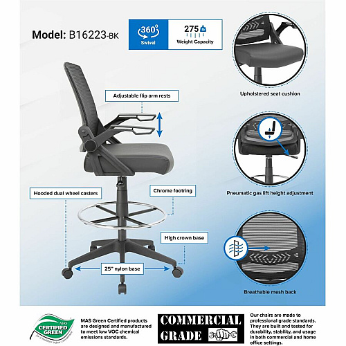 Boss Black Flip Arm Mesh Drafting Stool Black Seat Color - Black Back Color - Mesh Back Material - Armrest - 1 Each (B16223BK)