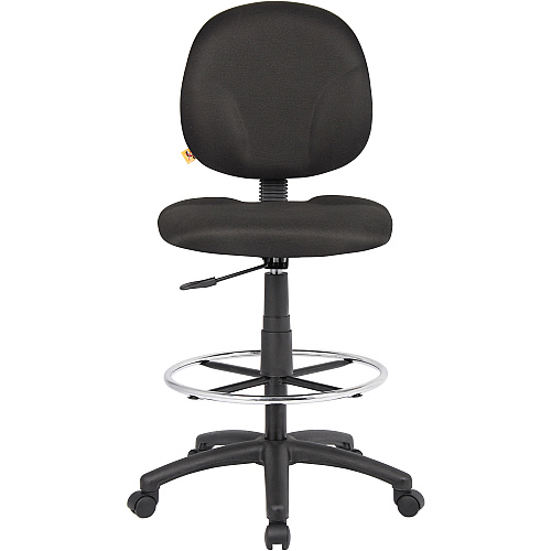 Boss Stand Up Fabric Drafting Stool with Foot Rest, Black Black Seat Color - Crepe Fabric Seat Material - Black Back Color - Crepe Fabric Back Material - 5-star Base - 1 Each (B1690BK)