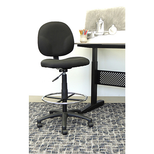 Boss Stand Up Fabric Drafting Stool with Foot Rest, Black Black Seat Color - Crepe Fabric Seat Material - Black Back Color - Crepe Fabric Back Material - 5-star Base - 1 Each (B1690BK)