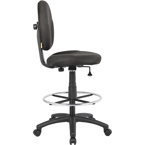 Boss Stand Up Fabric Drafting Stool with Foot Rest, Black Black Seat Color - Crepe Fabric Seat Material - Black Back Color - Crepe Fabric Back Material - 5-star Base - 1 Each (B1690BK)
