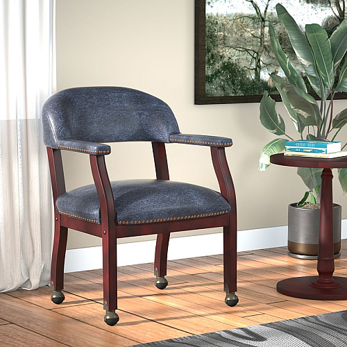 Boss Captain's Chair In Blue Vinyl with Casters Blue Seat Color - Vinyl Seat Material - Blue Back Color - Vinyl Back Material - Mahogany Frame Color - Hardwood Frame Material - Four-legged Base - 1 Each (B9545BE)