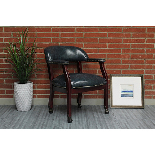 Boss Captain's Chair In Blue Vinyl with Casters Blue Seat Color - Vinyl Seat Material - Blue Back Color - Vinyl Back Material - Mahogany Frame Color - Hardwood Frame Material - Four-legged Base - 1 Each (B9545BE)