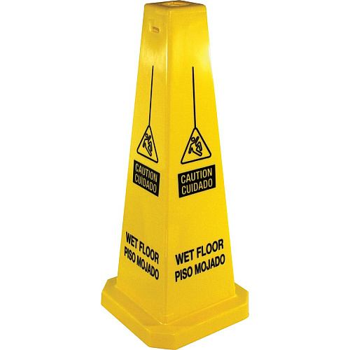 Genuine Joe Bright 4-sided Caution Safety Cone English, Spanish - 10" Width x 24" Height x 10" Depth - Cone Shape - Stackable - Industrial - Polypropylene - Yellow - 5 / Carton (GJO58880CT)