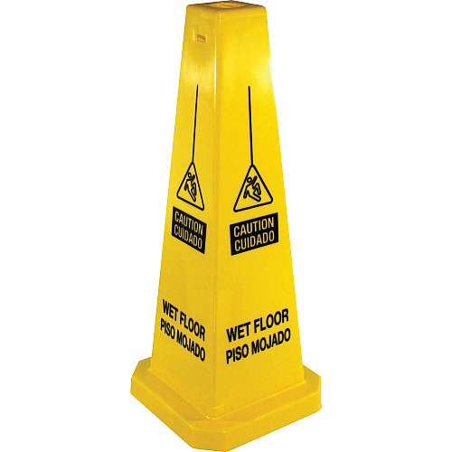 Genuine Joe Bright 4-sided Caution Safety Cone English, Spanish - 10" Width x 24" Height x 10" Depth - Cone Shape - Stackable - Industrial - Polypropylene - Yellow - 5 / Carton (GJO58880CT)