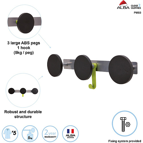 Alba Triple Metal Wall Coat Peg 3 Hooks - 66.14 lb (30 kg) Capacity - 1.4" Height x 4.3" Width - for Coat, Clothes - Metal - Silver, Black, Metallic Gray - Powder Coated - 1 Each (PMS3)