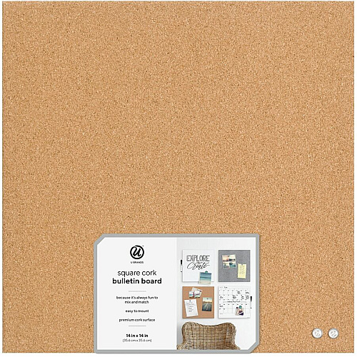 U Brands Square Cork Bulletin Board, 14 x 14 Inches, Frameless, Natural, Push Pins Included 14" Board Height x 14" Board Width - Natural Cork Surface - Self-healing, Frameless, Easy Installation, Sleek Style, Self-healing, Mounting System - 1  (463U00-04)