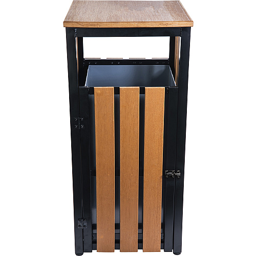 Lorell Faux Wood Outdoor Waste Bin Rectangular - Weather Resistant - 33.6" Height x 15.8" Width x 15.8" Depth - Polystyrene - Teak - 1 Each (LLR42692)