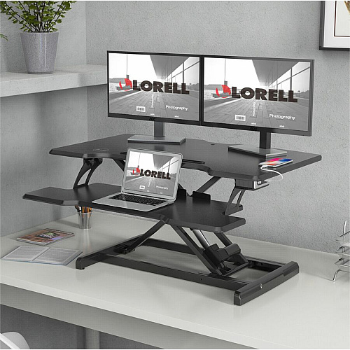 Lorell Electric Desk Riser with Wireless Device Charging 20" Height x 19.25" Width x 33.50" Depth - Desktop - Black (LLR99530)