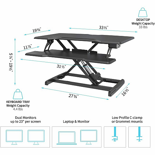 Lorell Electric Desk Riser with Wireless Device Charging 20" Height x 19.25" Width x 33.50" Depth - Desktop - Black (LLR99530)