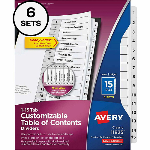 Avery&reg; 15-tab Custom Table of Contents Dividers 90 x Divider(s) - 1-15, Table of Contents - 15 Tab(s)/Set - 8.5" Divider Width x 11" Divider Length - 3 Hole Punched - White Paper Divider - White Paper Tab(s) - 6 / Pack (11825)