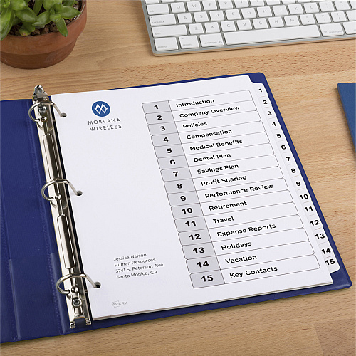 Avery&reg; 15-tab Custom Table of Contents Dividers 90 x Divider(s) - 1-15, Table of Contents - 15 Tab(s)/Set - 8.5" Divider Width x 11" Divider Length - 3 Hole Punched - White Paper Divider - White Paper Tab(s) - 6 / Pack (11825)