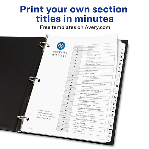 Avery&reg; A-Z Black & White Table of Contents Dividers 26 x Divider(s) - A-Z, Table of Contents - 26 Tab(s)/Set - 8.5" Divider Width x 11" Divider Length - 3 Hole Punched - White Paper Divider - White Paper Tab(s) - 26 / Set (11828)
