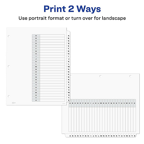 Avery&reg; A-Z Black & White Table of Contents Dividers 26 x Divider(s) - A-Z, Table of Contents - 26 Tab(s)/Set - 8.5" Divider Width x 11" Divider Length - 3 Hole Punched - White Paper Divider - White Paper Tab(s) - 26 / Set (11828)