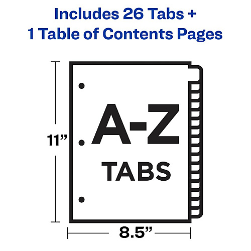 Avery&reg; A-Z Black & White Table of Contents Dividers 26 x Divider(s) - A-Z, Table of Contents - 26 Tab(s)/Set - 8.5" Divider Width x 11" Divider Length - 3 Hole Punched - White Paper Divider - White Paper Tab(s) - 26 / Set (11828)