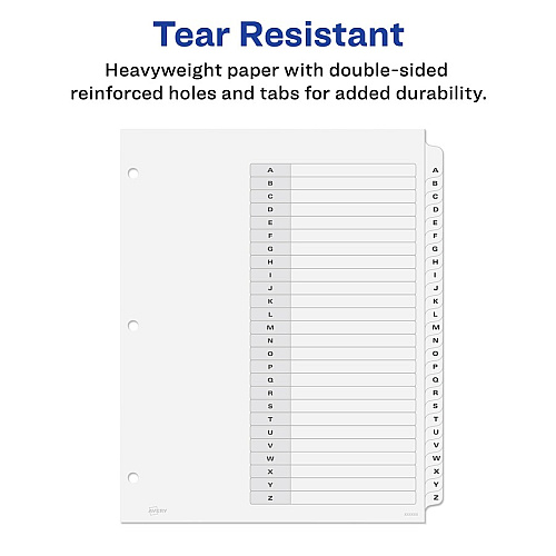 Avery&reg; A-Z Black & White Table of Contents Dividers 26 x Divider(s) - A-Z, Table of Contents - 26 Tab(s)/Set - 8.5" Divider Width x 11" Divider Length - 3 Hole Punched - White Paper Divider - White Paper Tab(s) - 26 / Set (11828)