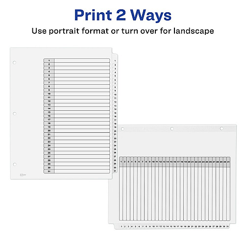 Avery&reg; 1-31 Custom Table of Contents Dividers 186 x Divider(s) - 1-31, Table of Contents - 31 Tab(s)/Set - 8.5" Divider Width x 11" Divider Length - 3 Hole Punched - White Paper Divider - White Paper Tab(s) - Hole-punched, Printable, Customiza (11827)