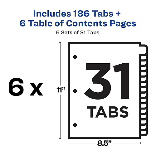 Avery&reg; 1-31 Custom Table of Contents Dividers 186 x Divider(s) - 1-31, Table of Contents - 31 Tab(s)/Set - 8.5" Divider Width x 11" Divider Length - 3 Hole Punched - White Paper Divider - White Paper Tab(s) - Hole-punched, Printable, Customiza (11827)