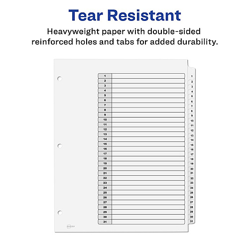 Avery&reg; 1-31 Custom Table of Contents Dividers 186 x Divider(s) - 1-31, Table of Contents - 31 Tab(s)/Set - 8.5" Divider Width x 11" Divider Length - 3 Hole Punched - White Paper Divider - White Paper Tab(s) - Hole-punched, Printable, Customiza (11827)