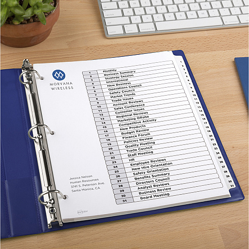 Avery&reg; 1-31 Custom Table of Contents Dividers 186 x Divider(s) - 1-31, Table of Contents - 31 Tab(s)/Set - 8.5" Divider Width x 11" Divider Length - 3 Hole Punched - White Paper Divider - White Paper Tab(s) - Hole-punched, Printable, Customiza (11827)