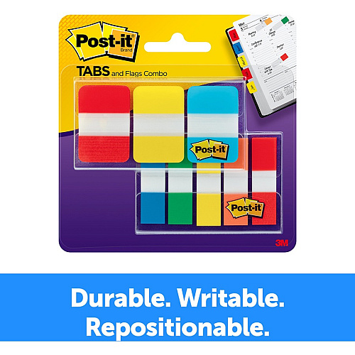 Post-it&reg; Tabs and Flags Combo Pack Red, Yellow, Blue, Green, Orange - Sticky, Adhesive - 136 / Pack (686COMBO1)