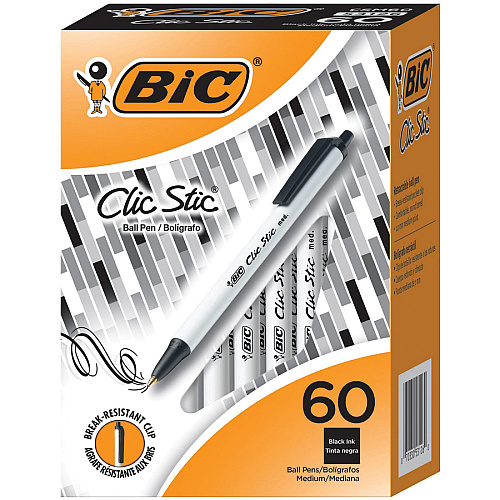 BIC Clic Stick 1.0mm Retractable Ball Pen 1 mm Medium Pen Point - Retractable - Black Ink - White Barrel - 60 / Box (CSM60BK)