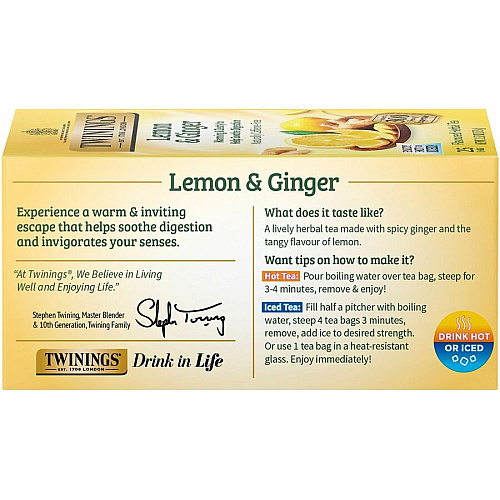 Twinings of London Lemon & Ginger Herbal Tea Bag Herbal Tea - 1.3 oz - 25 / Box (09180)