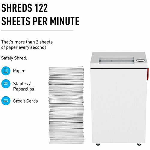 ideal. 24451111 Cross-cut Paper Shredder Continuous Shredder - Cross Cut - 8 Per Pass - for shredding Paper, Staples, Paper Clip, Credit Card - 0.625" x 0.093" Shred Size - P-5 - 9.50" Throat - 9 gal Wastebin Capacity - 372.85 W - White - TA (IDEDSH0065H)