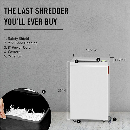 ideal. 24451111 Cross-cut Paper Shredder Continuous Shredder - Cross Cut - 8 Per Pass - for shredding Paper, Staples, Paper Clip, Credit Card - 0.625" x 0.093" Shred Size - P-5 - 9.50" Throat - 9 gal Wastebin Capacity - 372.85 W - White - TA (IDEDSH0065H)