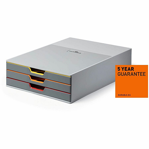 DURABLE VARICOLOR 3 Drawer Desktop Storage Box, Gray/Multicolor 3 Drawer(s) - 3.75" Height x 11" Width x 14" Depth - Desktop - Stackable, Labeling Area, Non-skid Feet - Gray - Plastic - 1 Each (760327)