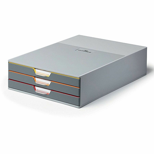 DURABLE VARICOLOR 3 Drawer Desktop Storage Box, Gray/Multicolor 3 Drawer(s) - 3.75" Height x 11" Width x 14" Depth - Desktop - Stackable, Labeling Area, Non-skid Feet - Gray - Plastic - 1 Each (760327)