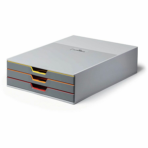 DURABLE VARICOLOR 3 Drawer Desktop Storage Box, Gray/Multicolor 3 Drawer(s) - 3.75" Height x 11" Width x 14" Depth - Desktop - Stackable, Labeling Area, Non-skid Feet - Gray - Plastic - 1 Each (760327)
